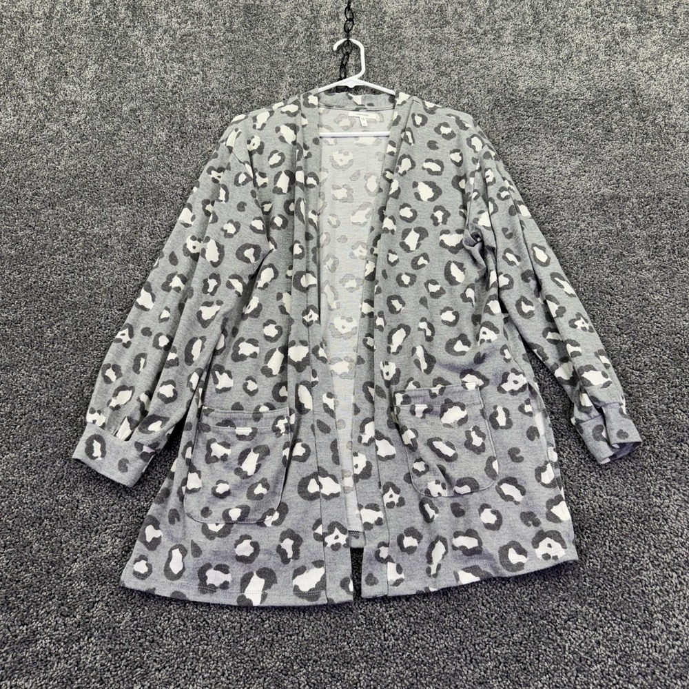 Maurices Sweater Cardigan Womens L Gray Leopard Print Open Front Pockets Knit